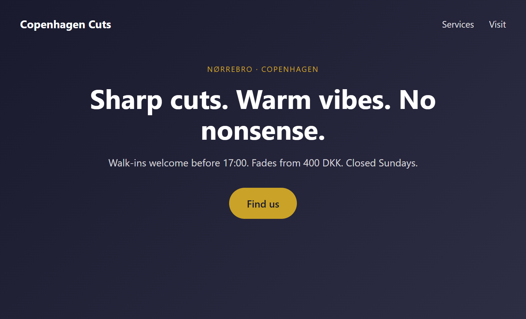 Copenhagen Cuts demo site with the AfterHours chat widget