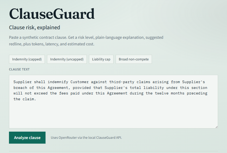 ClauseGuard demo showing a contract clause and risk analysis