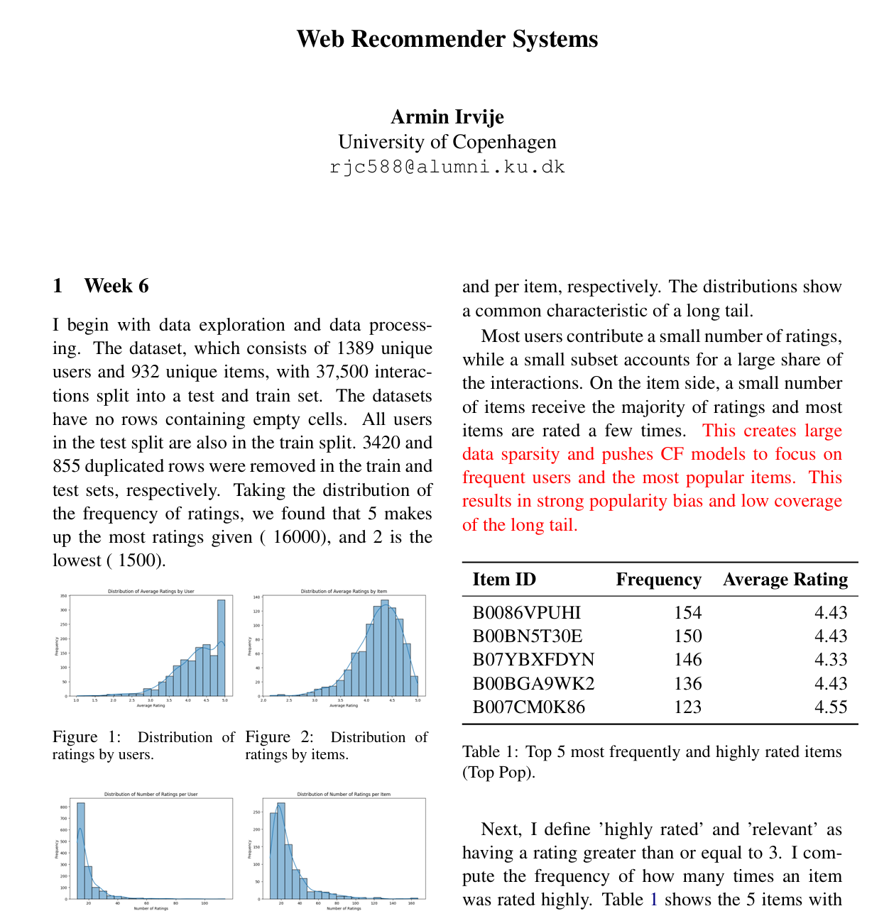 Web Recommender Systems — report cover and exploratory charts